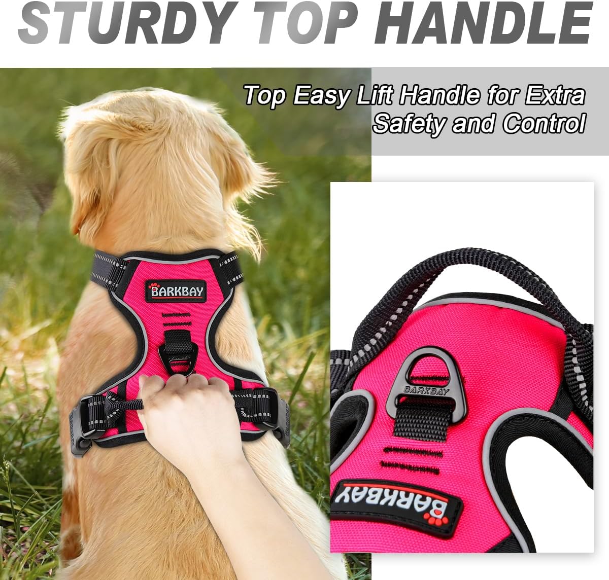 BARKBAY No Pull Dog Harness Front Clip Heavy Duty Reflective Easy Control Handle for Large Dog Walking(Pink,S)