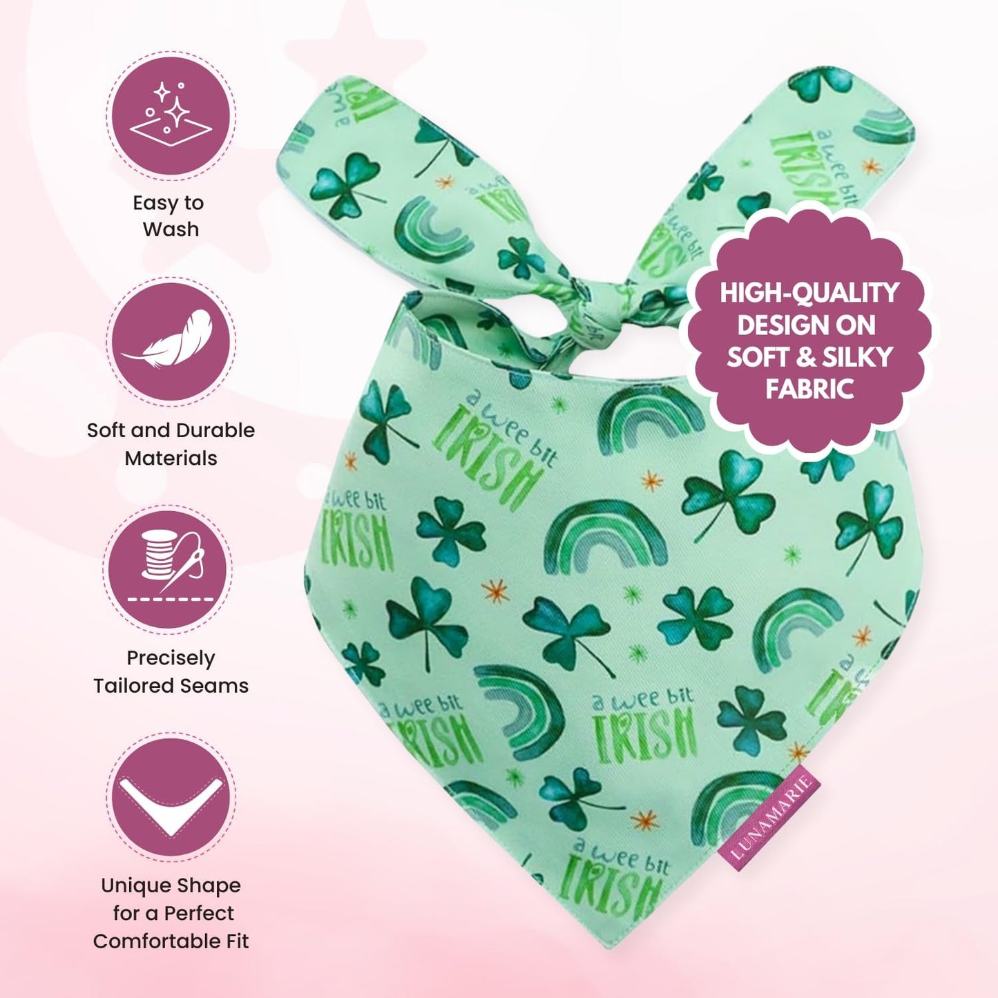 LunaMarie - Luxury Pet Birthday Bandanas -Premium & Silky Poly Fabric | 100% Handmade | Custom Shape Dual Layered (A Wee Bit Irish, Large)
