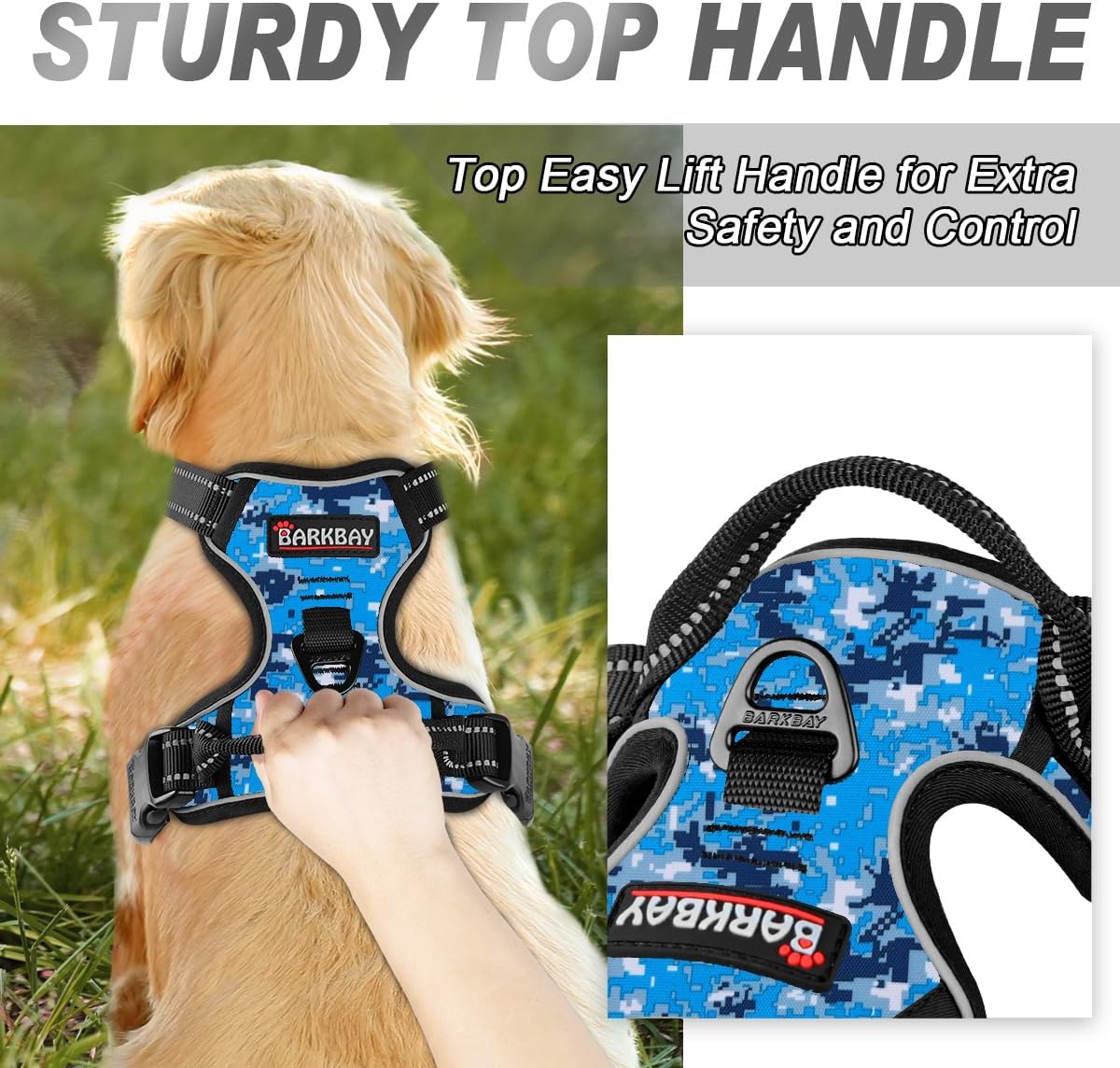 BARKBAY No Pull Dog Harness Front Clip Heavy Duty Reflective Easy Control Handle for Large Dog Walking(Blue camo,M)