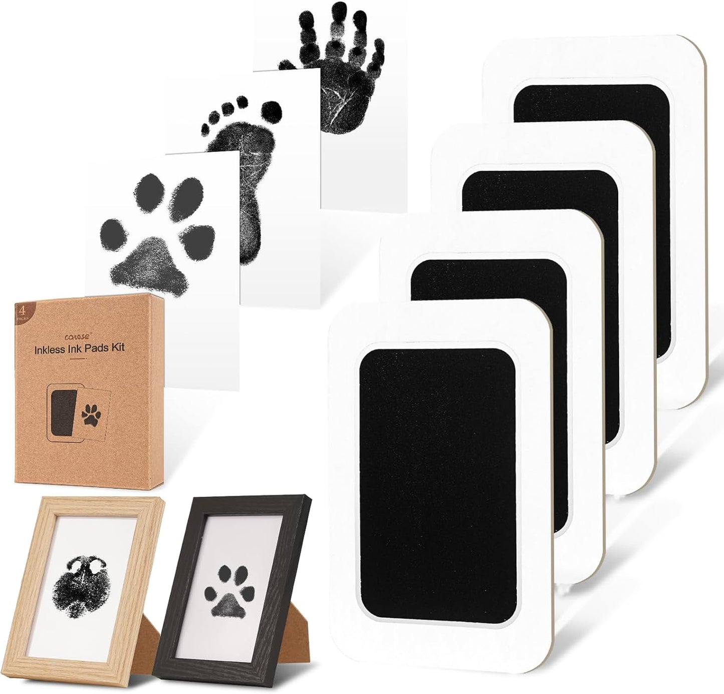 Inkless Paw Print Kit for Dogs,Cats & Babies – Clean Touch Dog Nose & Baby Handprint Kit, Mess-Free Ink Pad with 4 Pads & 2 Wooden Frames – Keepsake Gifts for Pet Owners & New Moms