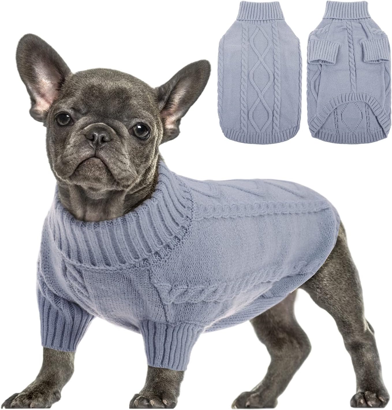 Queenmore Small Dog Pullover Sweater, Cold Weather Cable Knitwear, Classic Turtleneck Thick Warm Clothes for Chihuahua, Bulldog, Dachshund, Pug, Yorkie (Grey, X-Small)
