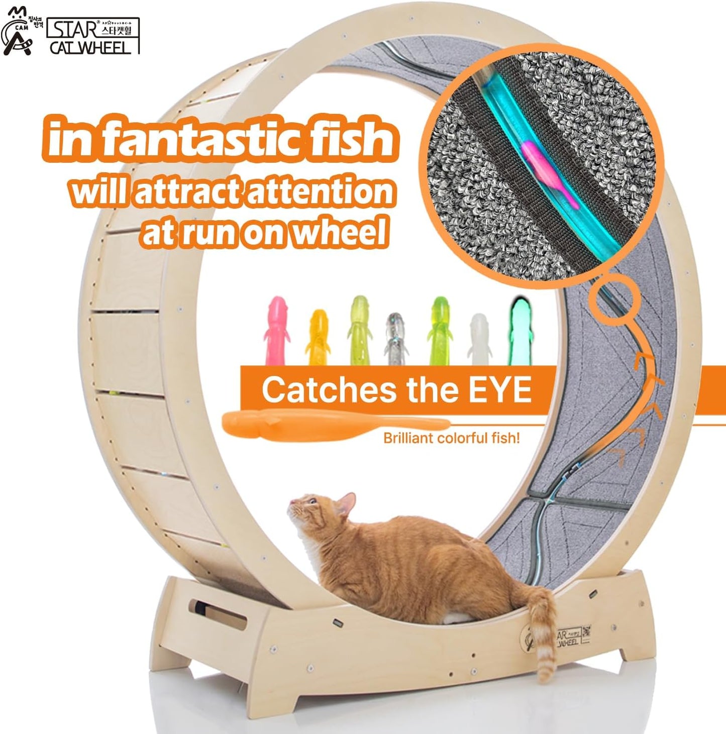 Star Cat Wheel, Cat Treadmill, Exercise Wheel for Running, Spinning, Scratching, and Climbing for Indoor Cats, Premium Birch Wood, Eco-Friendly, Moving Fish, Wide Running Track, 47.2 inch XL Size