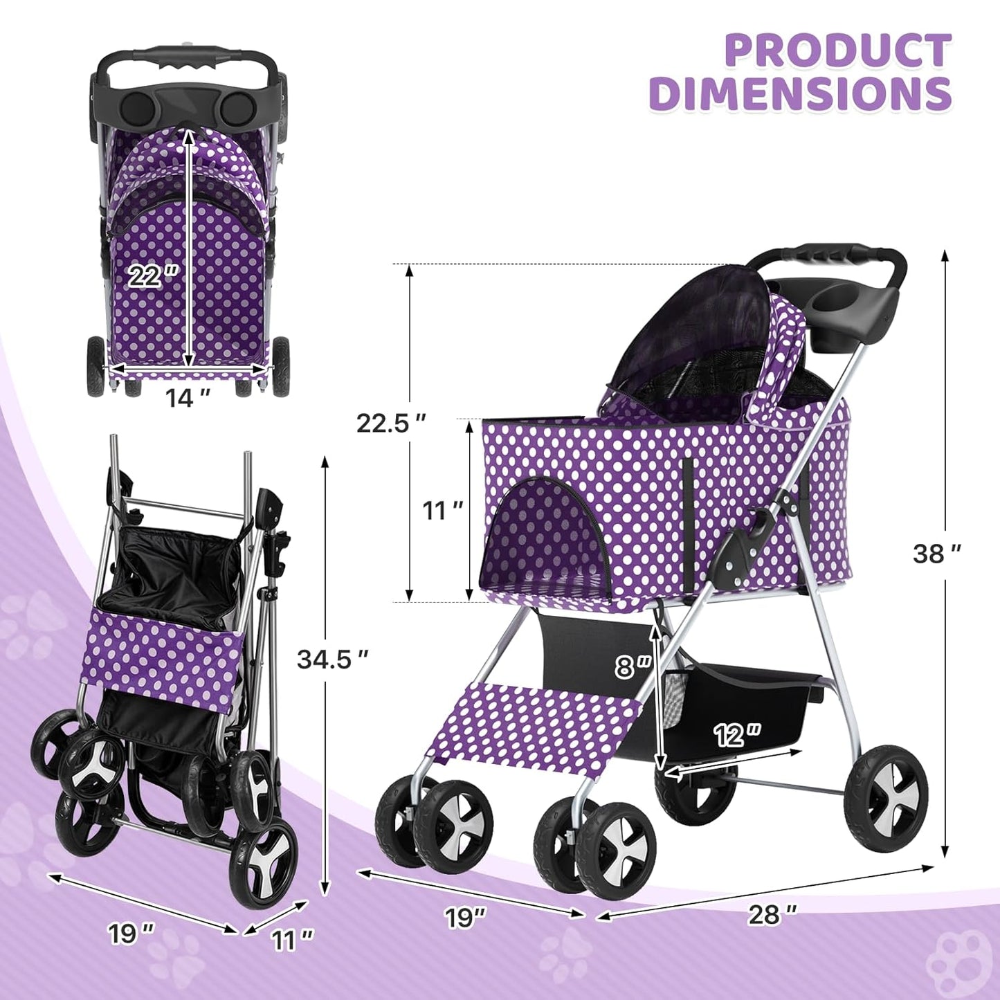 Magshion Foldable Pet Stroller, 3-in-1 Dog Travel Jogger with Detachable Carrier, Cup Holder, Storage Basket, Folding Carrier for Small/Medium Dogs & Cats Up to 33 lbs, Purple Polka Dots