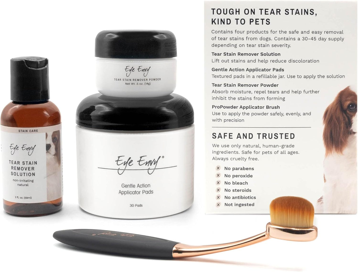Eye Envy Dog Tear Stain Remover Starter Kit with ProPowder Brush | Stain Solution, Applicator Pads, Stain Powder and Large Applicator Brush | Lasts 30-45 Days