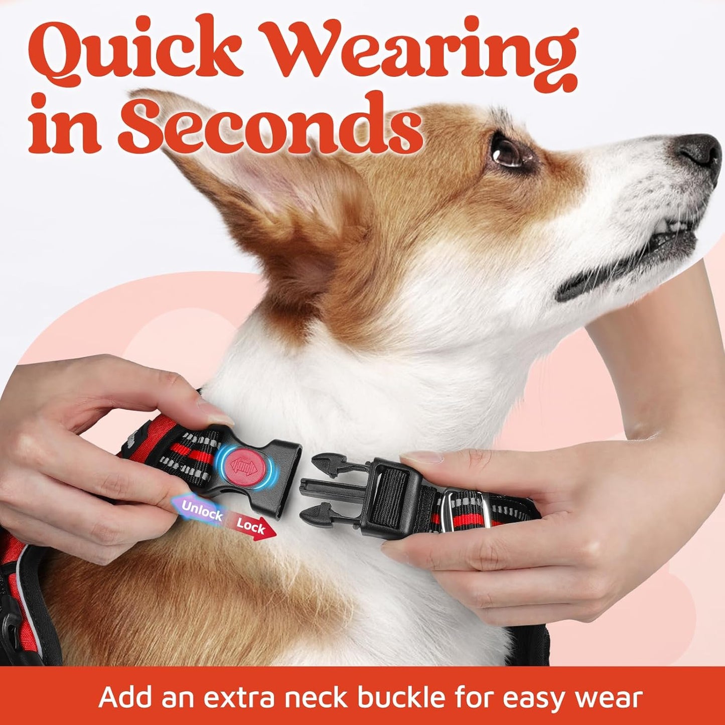 rabbitgoo Dog Harness Medium Sized, No Pull Dog Vest with 3 Buckles, Adjustable Soft Padded Pet Harness with Easy Control Handle and Reflective Strips, Red, M