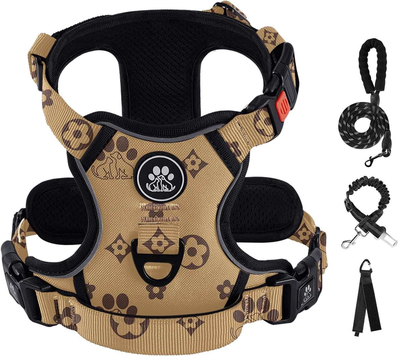 IVY&LANE No Pull Dog Harness with Leash Set, Reflective No Choke Pet Vest,Adjustable Oxford Dog Vest Harness with Easy Control Handle for Large Dogs (Light Brown,L)