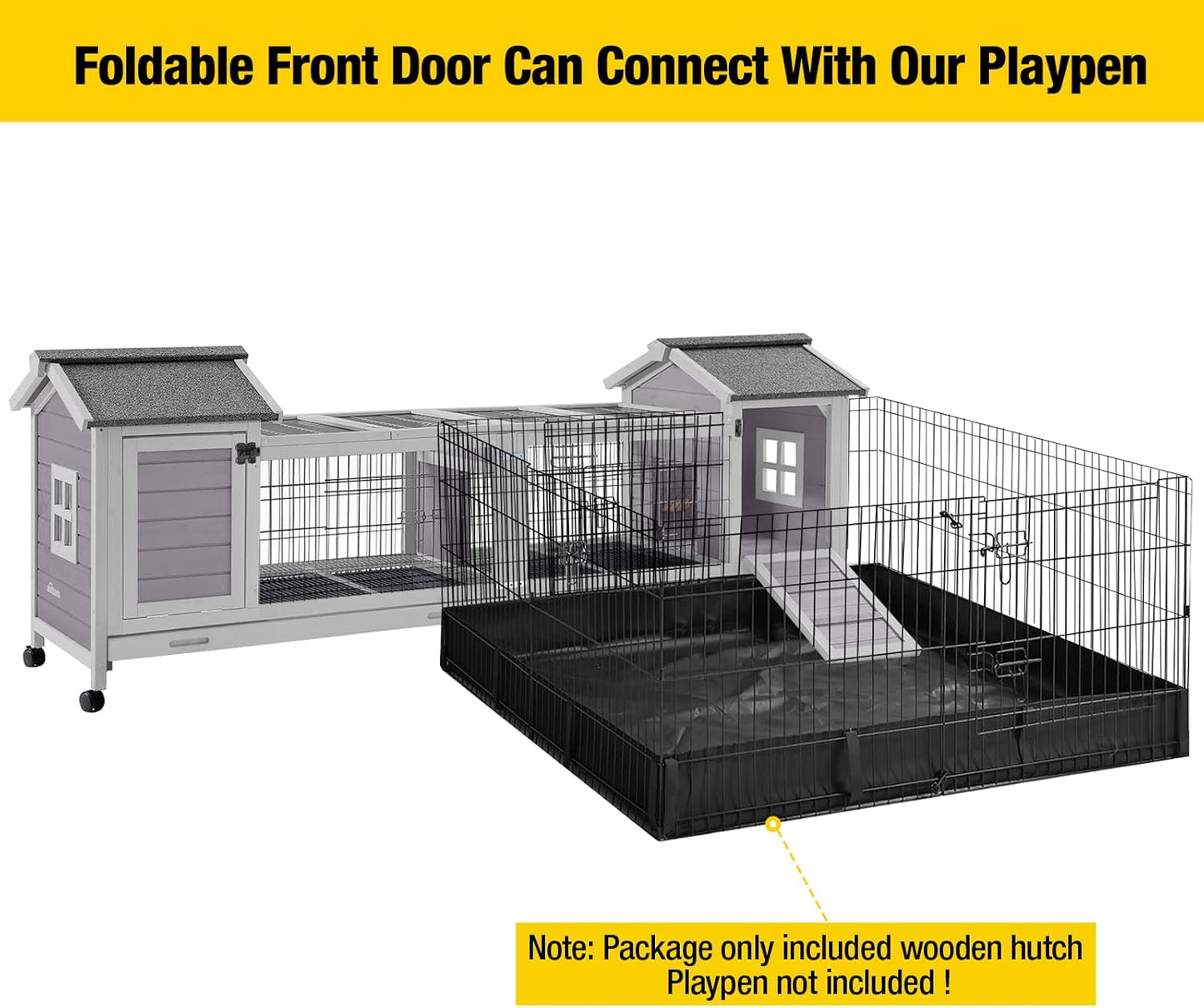 Aivituvin Rabbit Hutch Bunny Cage with Double House and Run Indoor Outdoor Guinea Pig House with Deeper No Leak Trays and Wheels