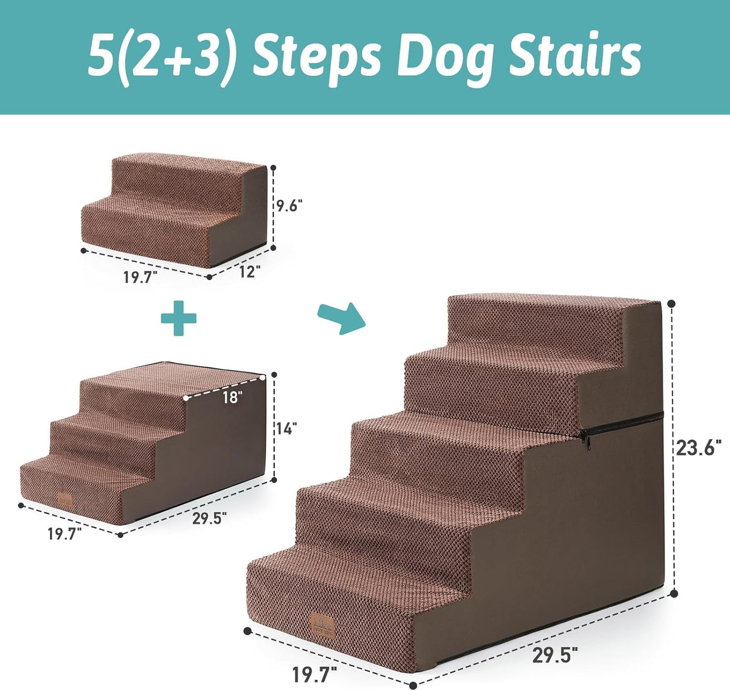 Dog Stairs for Small Dogs, 5 Tier Removable Wider Pet Stairs for Couch and Bed, 23.6" H Non-Slip Dog Steps for Puppies and Old Cats with Support Board, 29.5x19.7x23.6 inch, Brown