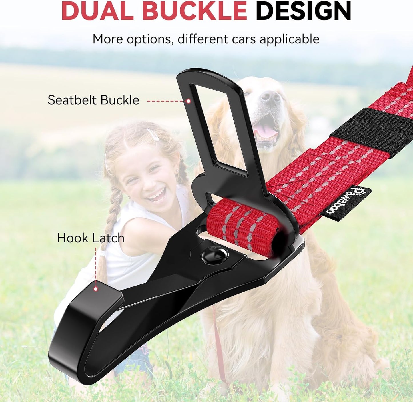 Pawaboo Dog Seatbelt for Car, 3-in-1 Dog Seat Belt Bungee, Shockproof Dogs Tether for Car with Buckle & Hook Latch, Adjustable Reflective Dogs Cars Harness Leash with 360° Lockable Buckle, Red