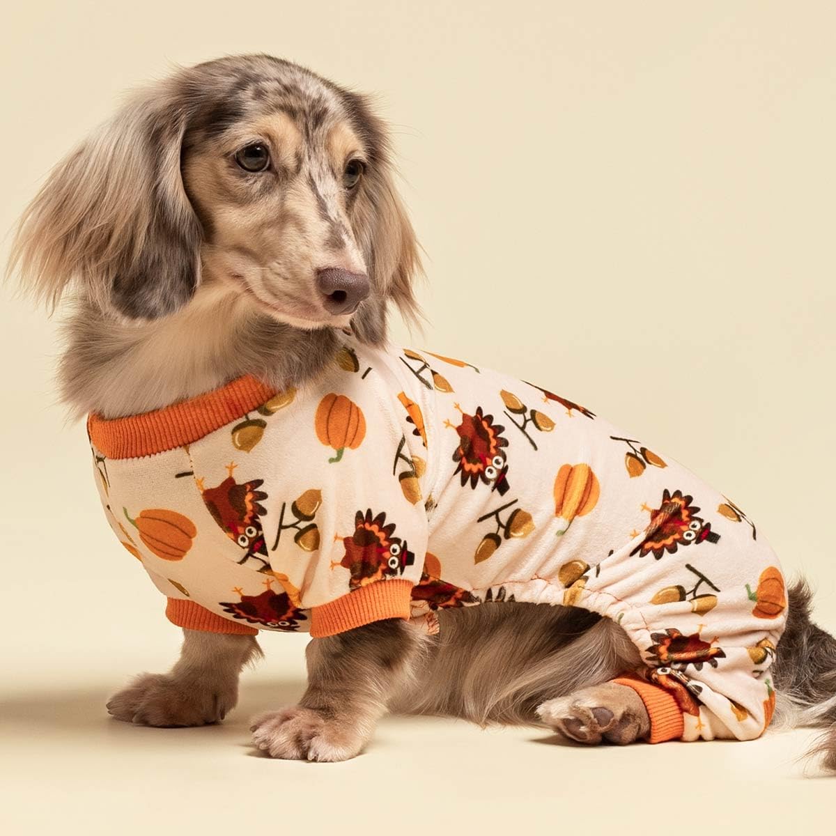 Fitwarm Thanksgiving Turkey Dog Pajamas, Funny Dog Winter Clothes for Small Dogs Girl Boy, Pet Jumpsuit, Cat Onesie with Feet, Lightweight Velvet, Orange, Small