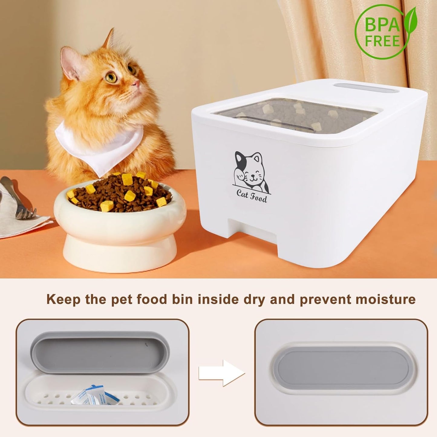 10Lbs Cat Food Storage Container,Pet Food Container with Rolling Wheels & Sliding Lid,BPA Free Plastic Storage Bin For Cat Food Kibble with Measuaring Cups-Rodent proof