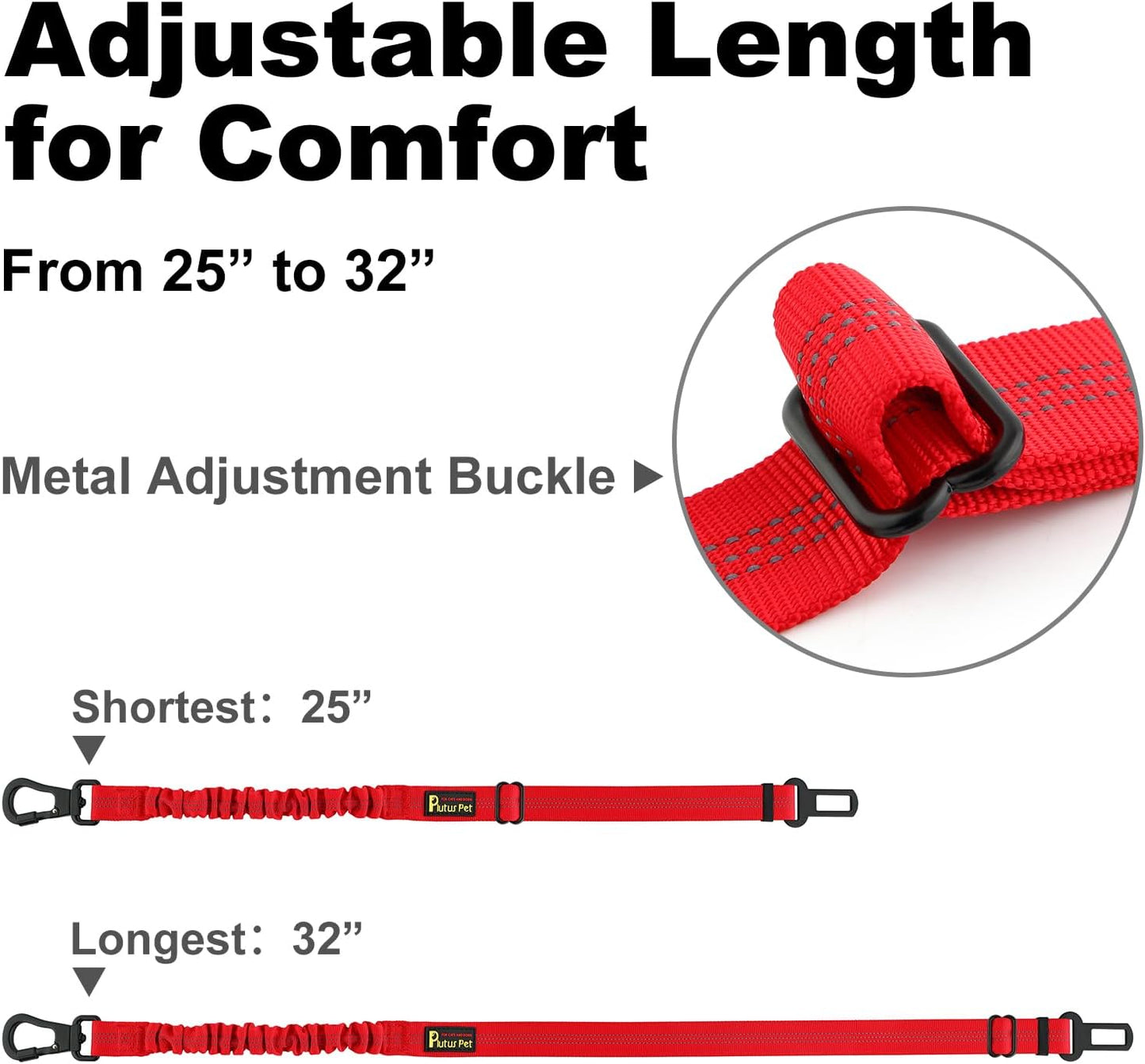 Plutus Pet Dog Seat Belt for Car, Adjustable Dog Car Harness with Carabiner Clip, Reflective Safety Dog Seatbelt Leash with Elastic Bungee, Red