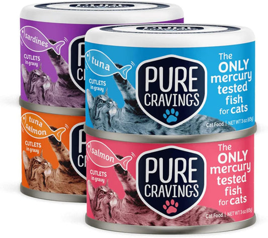 Wet Cat Food Variety Pack Tuna, Salmon, Sardines, Tuna/Salmon in Gravy, 100% Mercury-Tested, Moist Can Fish for Cats, Grain-Free, Protein, Non-GMO, Pack of 12