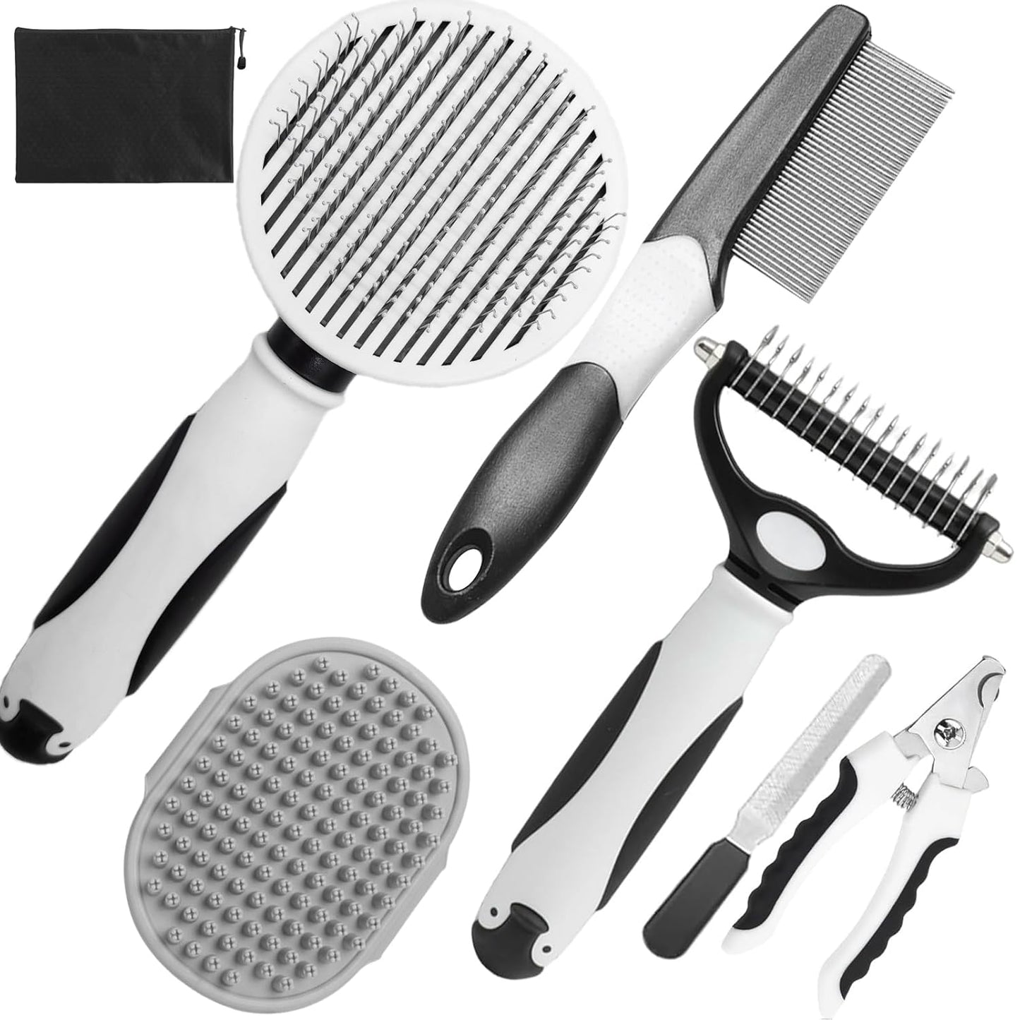 Dog Brush for Shedding, 7 PCS Dog Grooming Brush Kit, Undercoat Rake, Slicker Brush, Deshedding Comb, Bath Brush, Nail Clipper for Long & Short Haired Dogs & Cats, Black