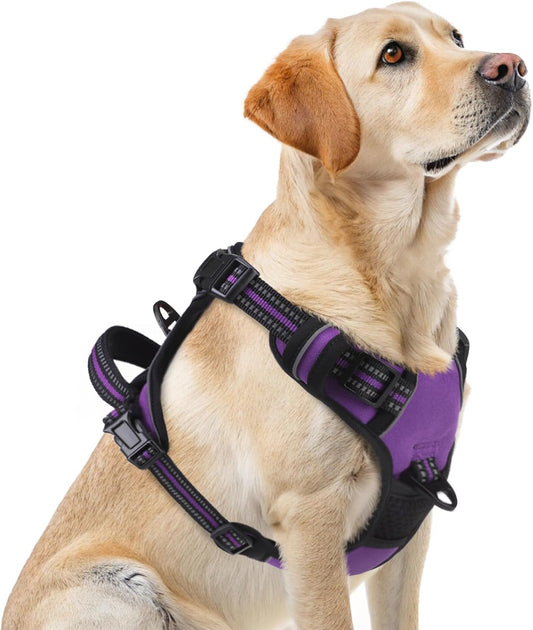 PUPTECK No Pull Dog Harness for Large, Adjustable Reflective Dog Harness with Handle Easy Control, Comfortable Soft Padded Pet Vest Harness for Large Dogs, Solid Purple L