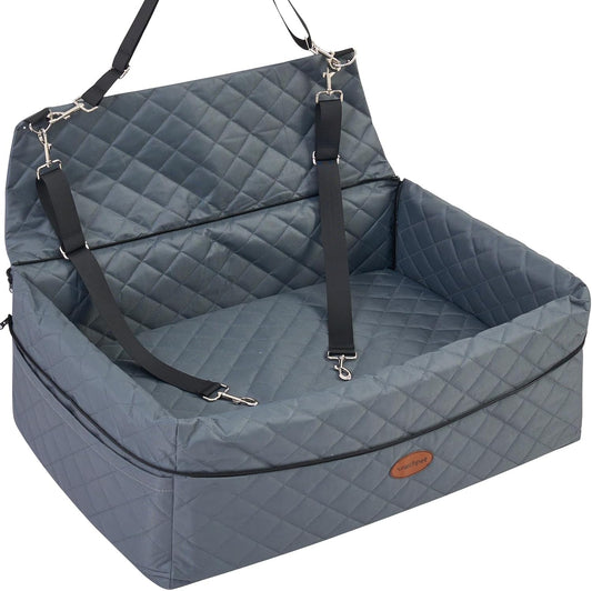 Dog Car Seat for Large/Medium Pet, Anti Slip Bottom Dogs Booster Seat for All Seasons,Pet Travel Bed with Thick Dog Sofa Cushion, Storage Pockets 2 Safety Leashes