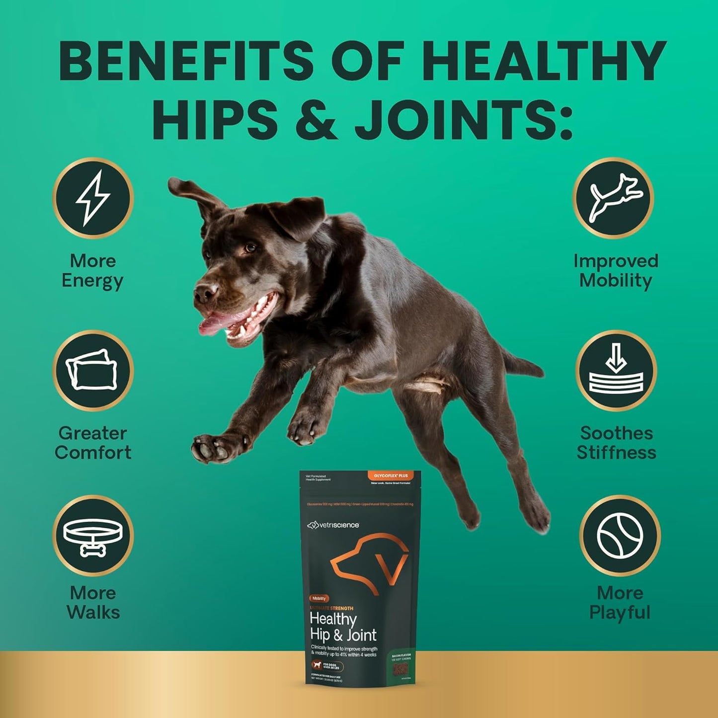 VetriScience GlycoFlex Ultimate Strength Healthy Hip & Joint Glucosamine Supplements for Dogs, with MSM, Chondroitin & Green-Lipped Mussel, Soft Chews, Bacon, 120 Count - New Look