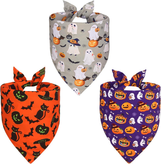 Halloween Dog Bandanas XLarge 3PCS, 6 Pattern Fall Scarf for Boy and Girl, Triangle Reversible Bibs Breed for Puppy Pets