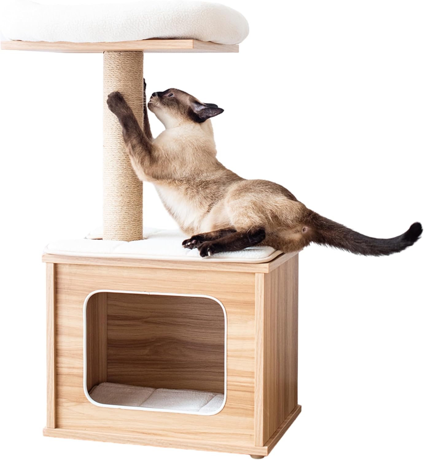 Catry 29.7" Tall 3 Level Laminated Wood Cat Tree with Large Base Condo, 2 Paded Steps, Natural Jute Scratching Post, Sturdy and Easy to Assemble for Small Cat, Brown