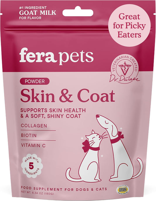 Fera Pets Goat Milk Topper - Cat & Dog Skin and Coat Supplement with Collagen, Biotin & Vitamin C - Helps Maintain Normal Skin Moisture - Promotes a Shiny Coat - for Picky Eaters - 60 TSP