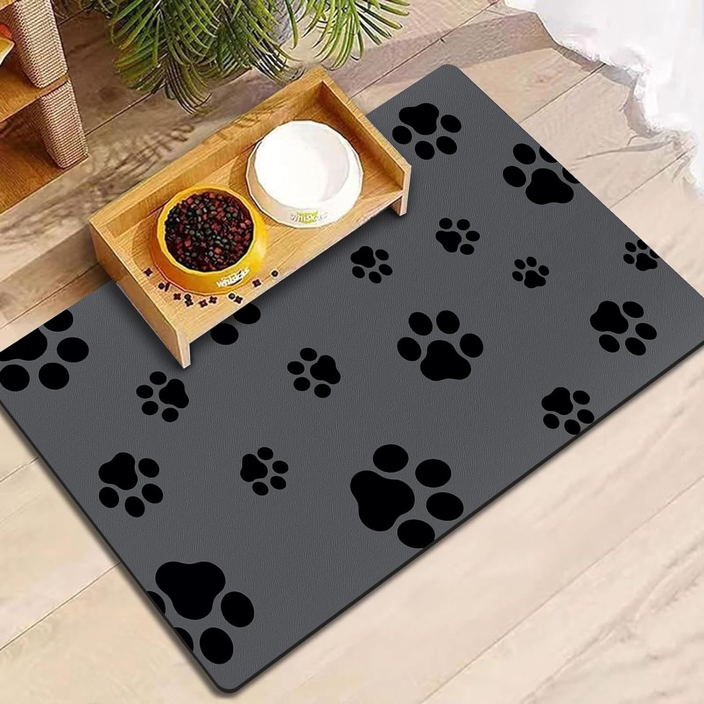 18"×30" Dog Food Mat-Absorbent Dog Mat for Food and Water, No Stains Quick Dry Cat Food Bowl Mat with Footprints for Messy Drinkers,Dark Grey