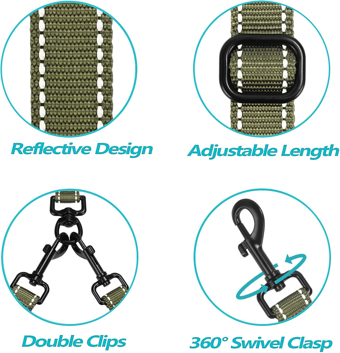 PetBonus Double Dog Leash, No Tangle Dual Leash, Reflective Walking Training Lead, 4 Comfortable Padded Handles for 2 Dogs with Collapsible Bowl and Waste Bags (Army Green, Large)