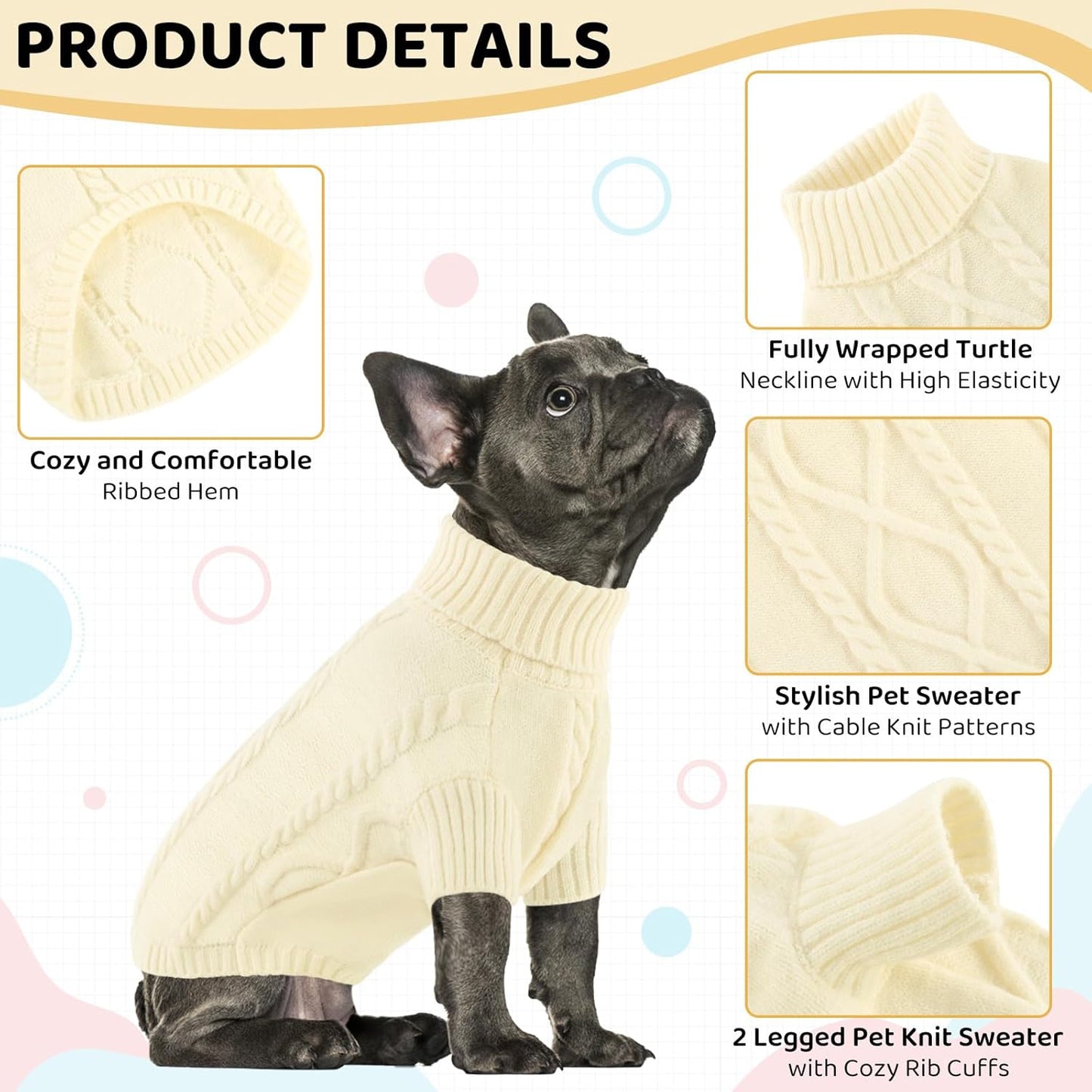 Queenmore Small Dog Pullover Sweater, Cold Weather Cable Knitwear, Classic Turtleneck Thick Warm Clothes for Chihuahua, Bulldog, Dachshund, Pug (White, Medium)