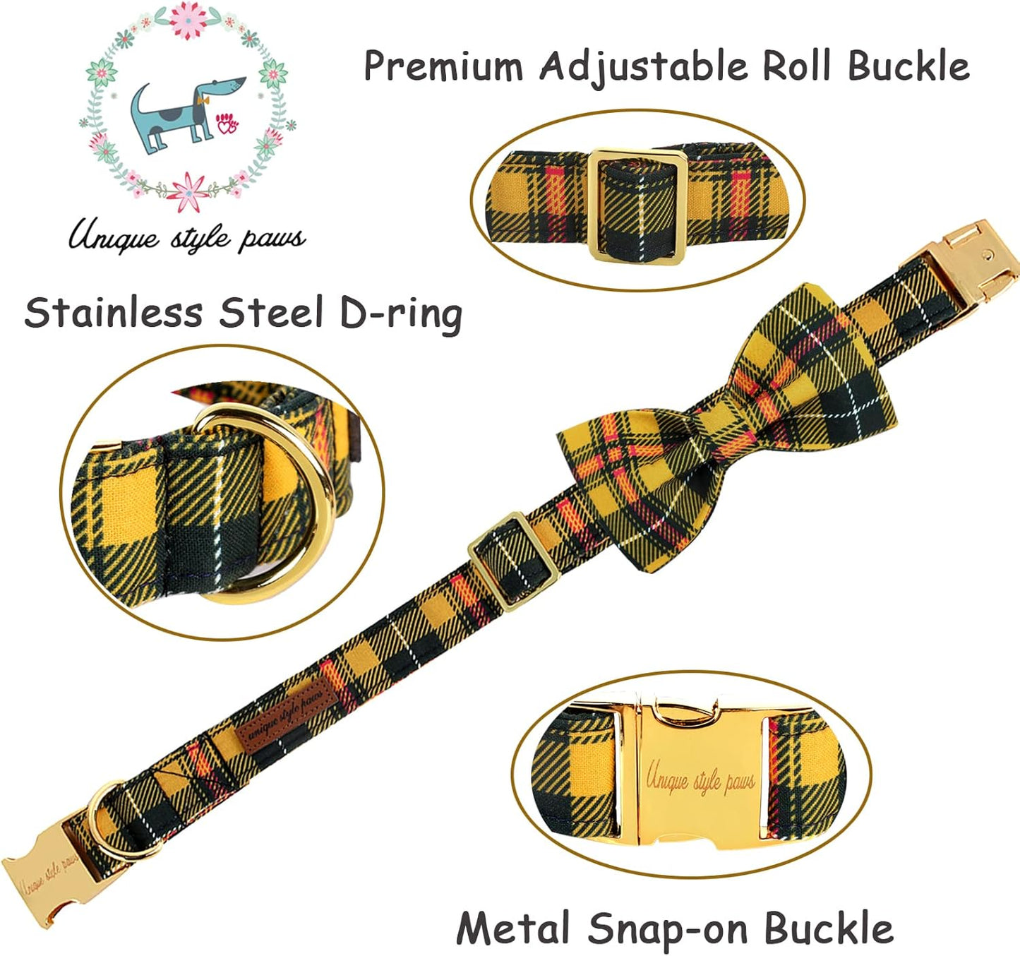 Unique Style Paws Bowtie Dog Collar - Cotton Plaid Adjustable for Small Medium Large Dogs - XL