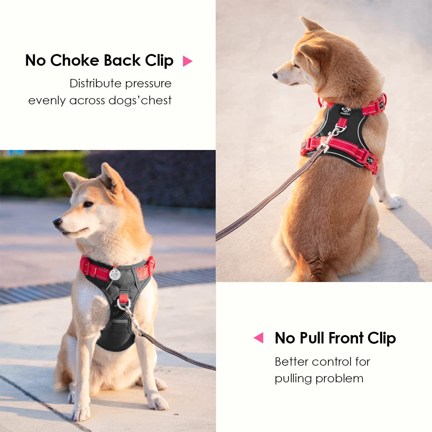 PHOEPET No Pull Dog Harness, Unique Colors Reflective Adjustable Dog Vest, with Soft Training Handle Metal Clips for Small Medium Large Dogs (Black Base & Red Straps,M)