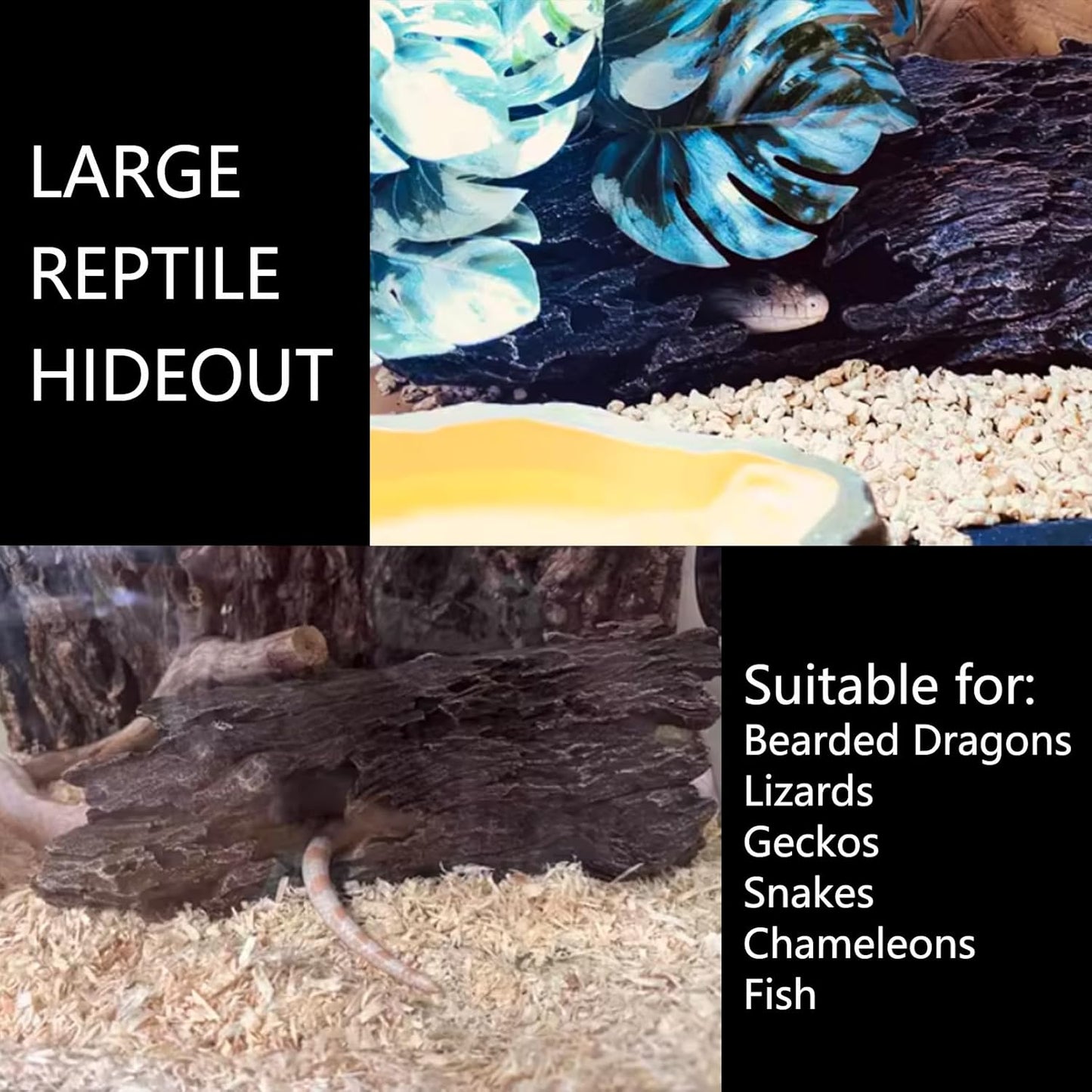 Tfwadmx Bearded Dragon Hide, 13.5" Large Reptile Hideout, Resin Simulated Hollow Log for Aquarium, Betta Fish Hideout, Reptile Tank Accessories for Corn Snakes, Young Ball Pythons, Geckos, Axolotls