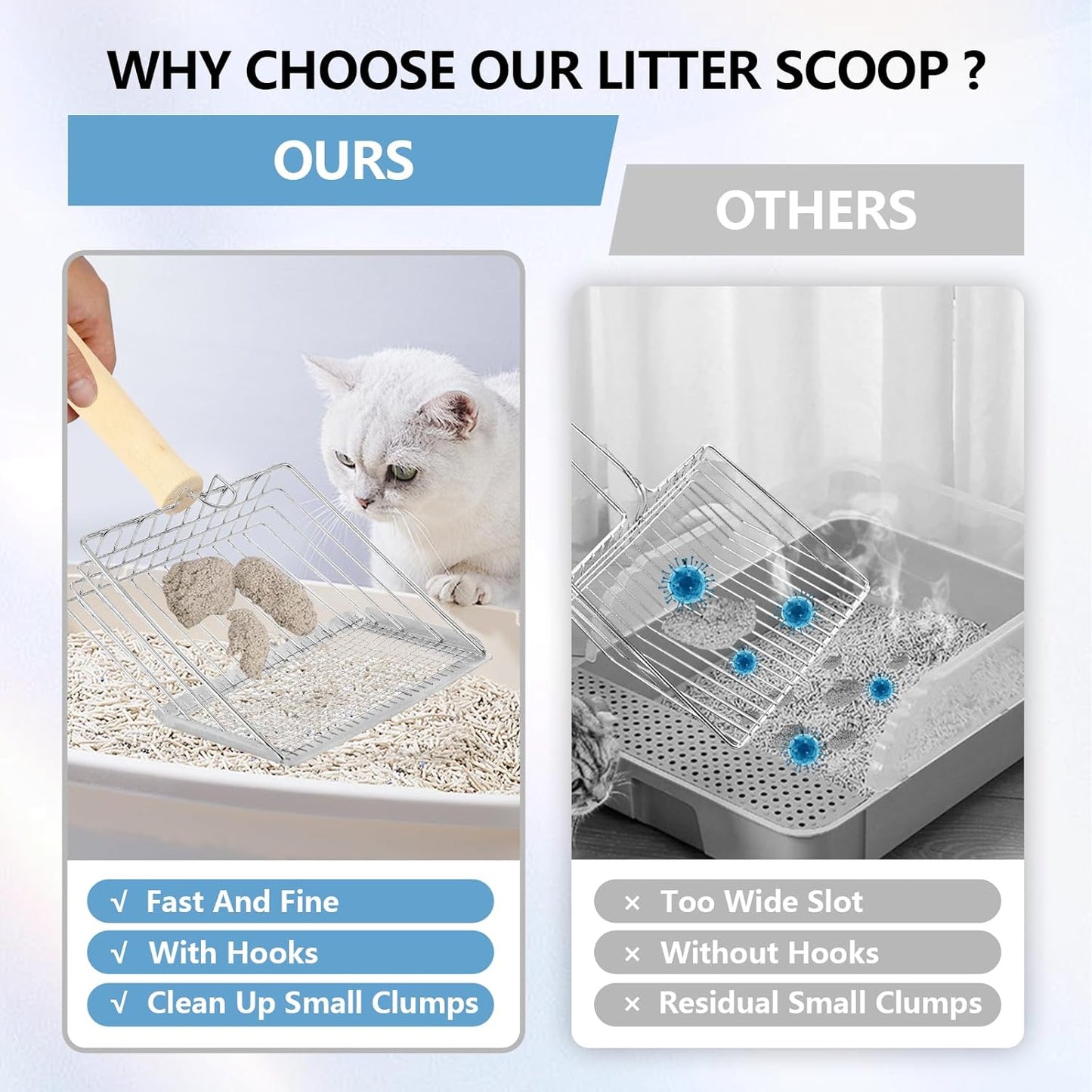 Litter Scooper, Metal Litter Scoop, Pooper Scooper with Wooden Handle, Cat Litter Scoop, Metal Scooper & Speed Sifter Deep Shovel Scoop Filter,Kitten Pooper Lifter for Litter Box