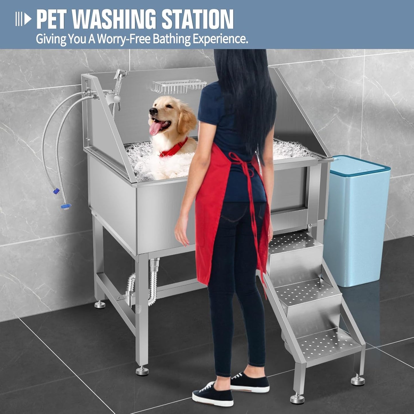 38" Dog Bathing Station, Professional Dog Washing Station Stainless Steel Dog Grooming Tub for Home,Equipped with Three Anti-Slip Steps, Removable Door, Pet Wash Station for Pet,R-RAMP