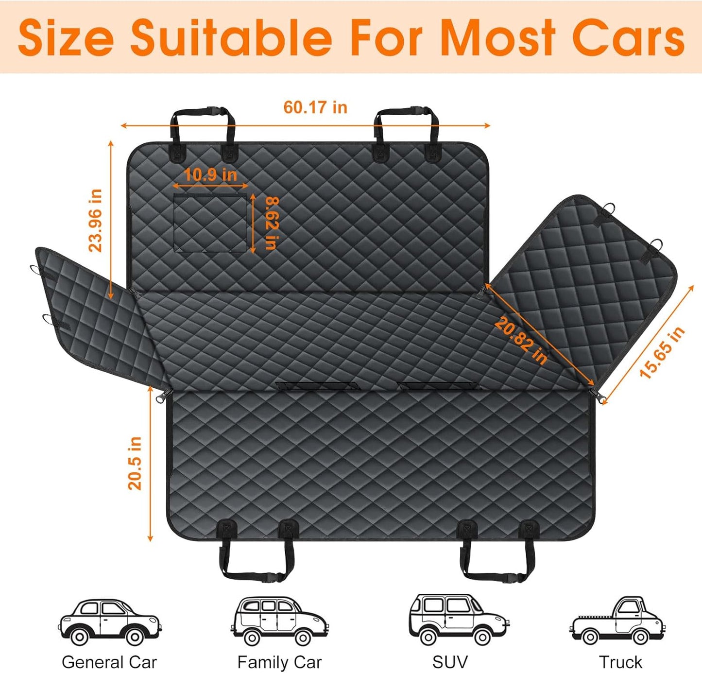 Waterproof Dog Car Seat Cover for Back Seat - Durable, Scratch Proof Pet Hammock with Nonslip Design & Storage Pockets, Fits Cars, SUVs, Trucks - L, Black