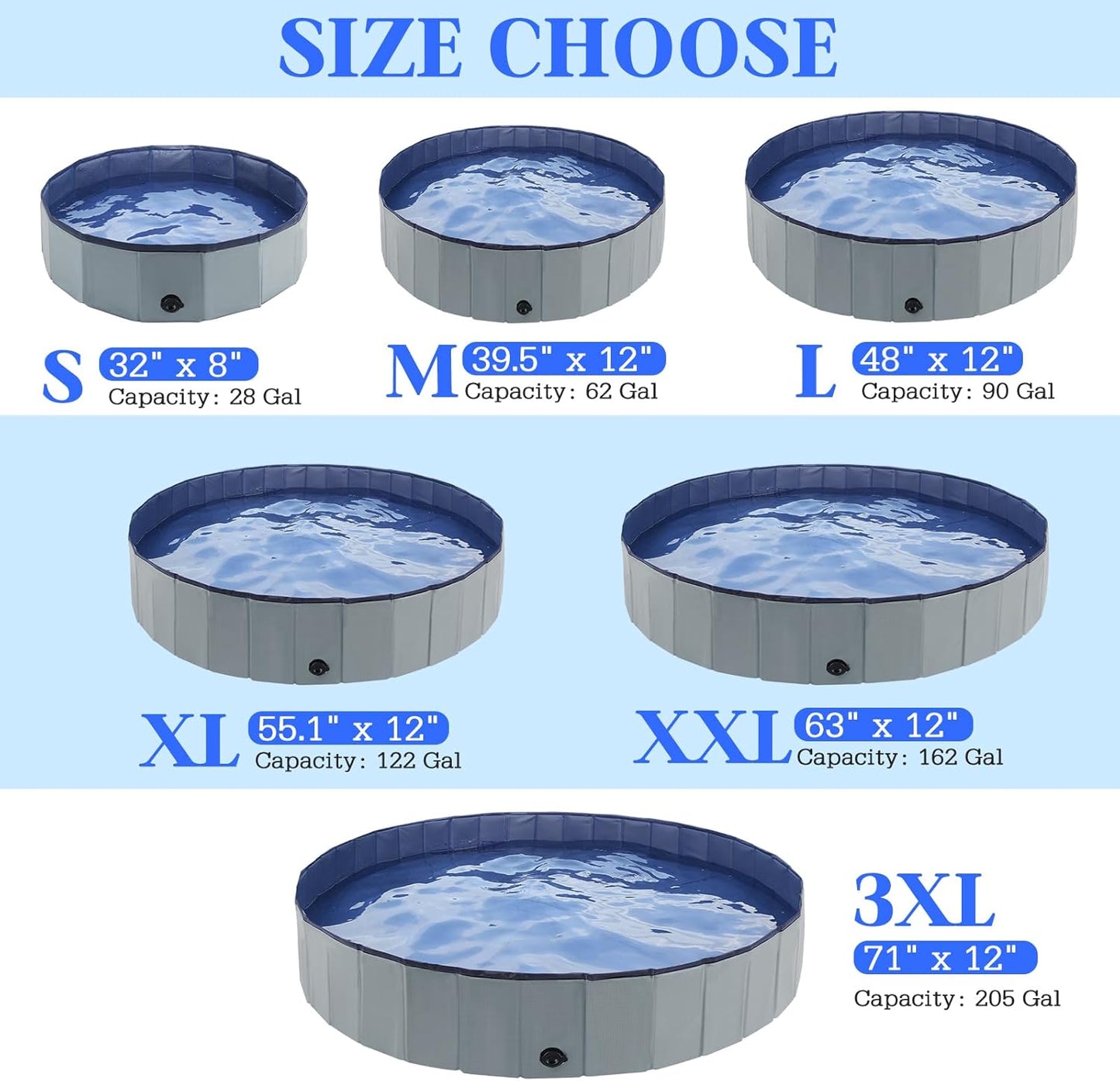 Foldable Dog Bath Swimming Pool Plastic Kiddie Pool Professional Tub Collapsible Grooming Bathtub for Pets Kids Baby and Toddler, 32 x 8 Inches Gray