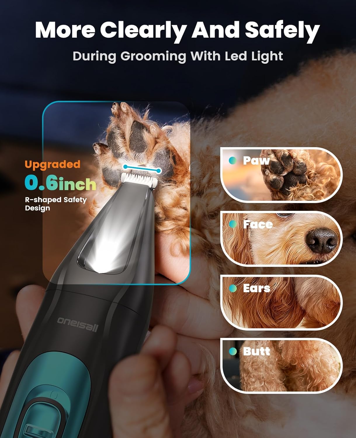 oneisall Quiet Dog Clippers for Grooming LED Light, Cordless Dog Grooming Kit 4 in 1, 2000mAh Pet Clippers Paw Trimmer Nail Grinder for Paw, Nail, Face, Ears, Legs, Body