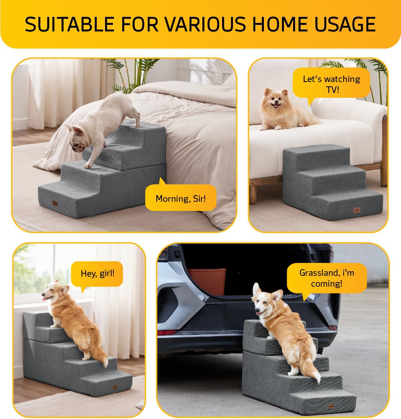 Dog Stairs for High Bed, Dog Steps for Bed Couch Sofa, 35D Foam Extra Wide Pet Steps for Small Dogs and Cats, Pet Stairs with Non-Slip Bottom Grey, 2 Steps