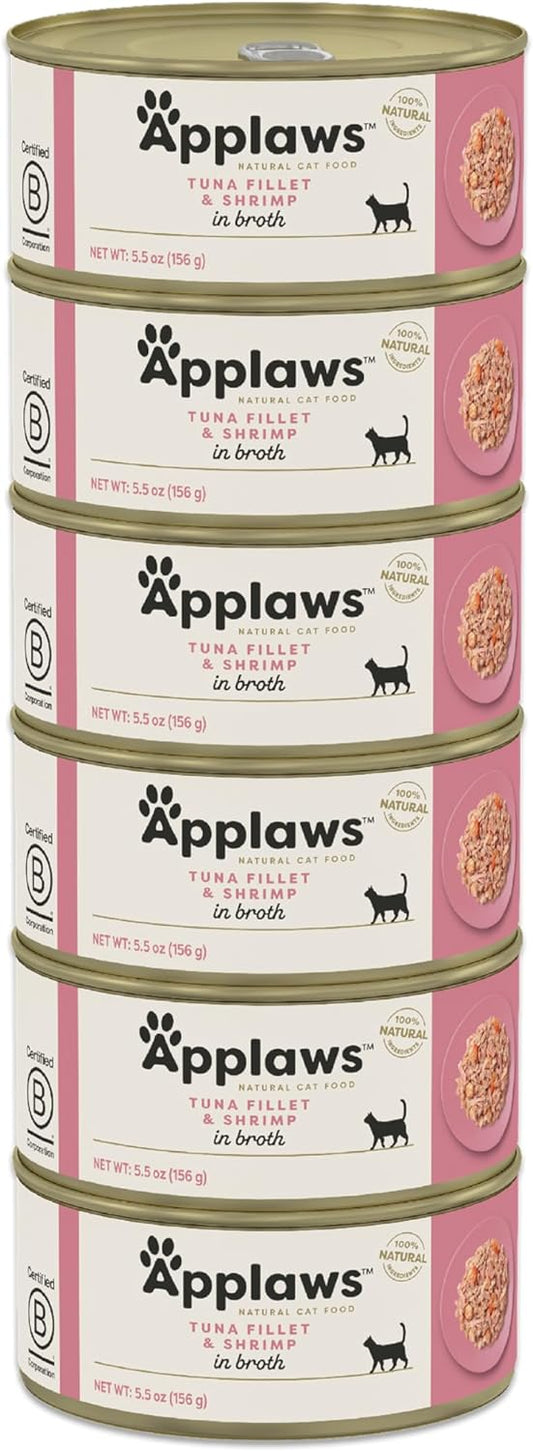 Applaws Natural Wet Cat Food in Broth, Limited Ingredient Canned Wet Cat Food, No Additives, Made with Natural Ingredients, Tuna Fillet & Shrimp in Broth (6 x 5.5oz Cans)