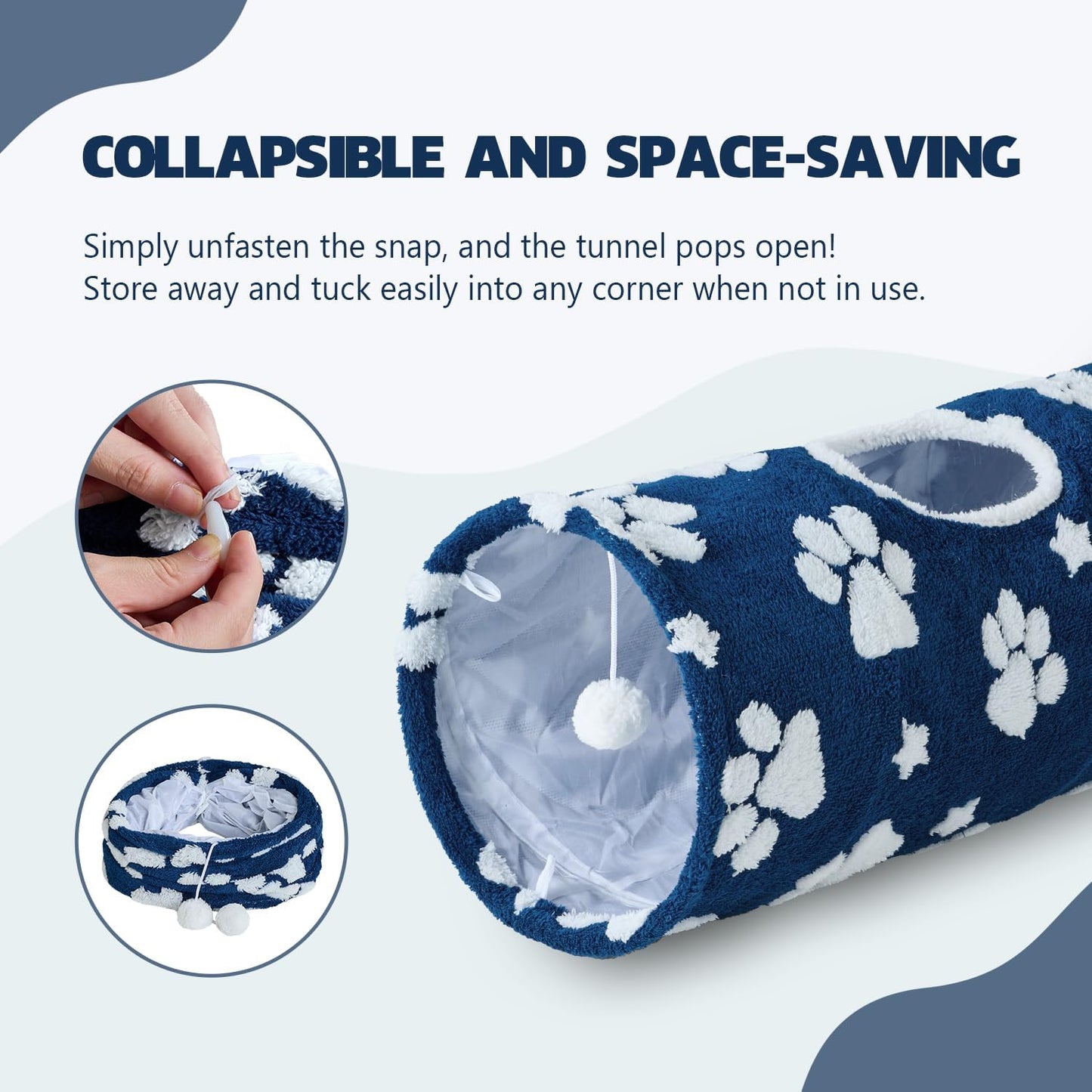 Straight Cat Tunnel for Indoor Cats 47"x12", Cute Cat Toys Collapsible Tunnel Tube with Balls for Puppy Kitten Rabbit, Blue Paw
