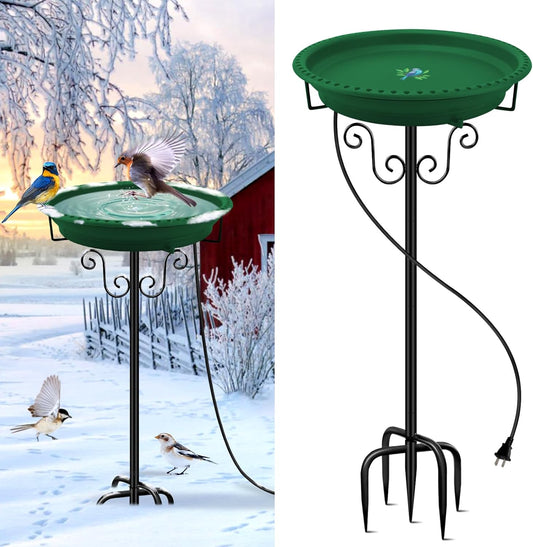 Heated Bird Bath, Lovppy 100W Thermostatically Controlled Heated Bird Baths for Outdoors Bird Bath Heater with Metal Stake, Heated Bird Bath for Outside Winter Garden Patio Yard Lawn (Green)