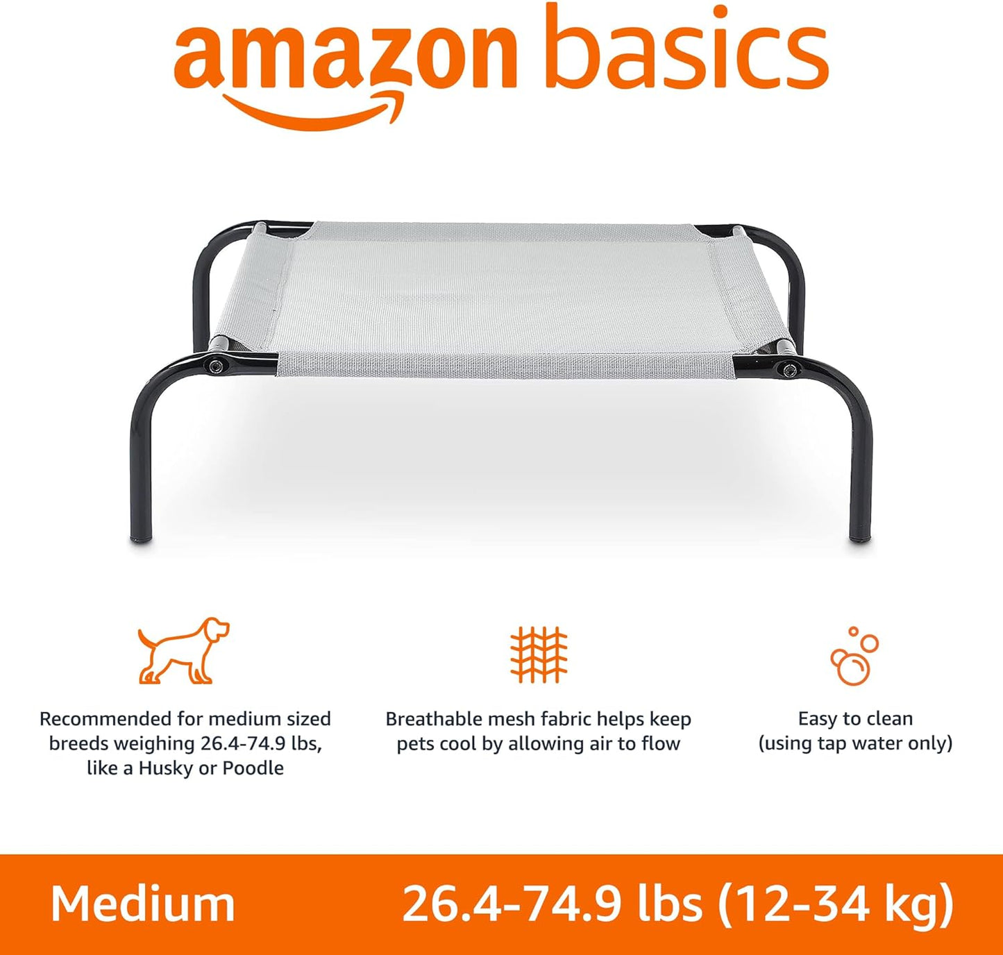 Amazon Basics Breathable Cooling Elevated Dog Bed with Durable Metal Frame, Medium, 43 x 26 x 7.5 Inch, Grey