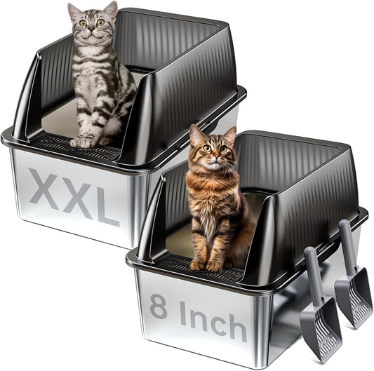 Tripamin 2PACK Stainless Steel Litter Box, 8" Metal Litter Boxs with Lid High Sides, XL Extra Large Litter Box for Big Cats, Leak-Proof, Easy Cleaning, Non-Sticky(Translucent Black)