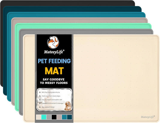 MateeyLife Dog & Cat Food Mat, Waterproof & Nonslip Silicone Feeding Mats for Dogs and Cats, Raised Edge Tray for Messy Drinkers, 22"x14", Beige