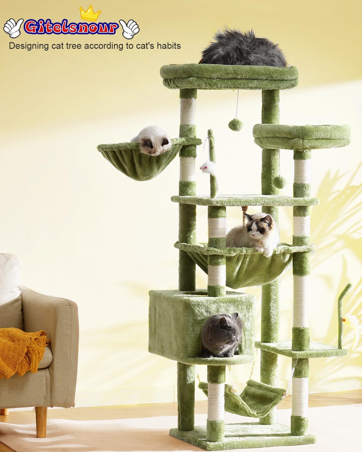 Cat Tree, Cat Tower for Large Cats with 2 Big Platforms, 2 Baskets, condo and Toys, 63" Cat Scratching Posts for Indoor Cats, Green GCT020GR