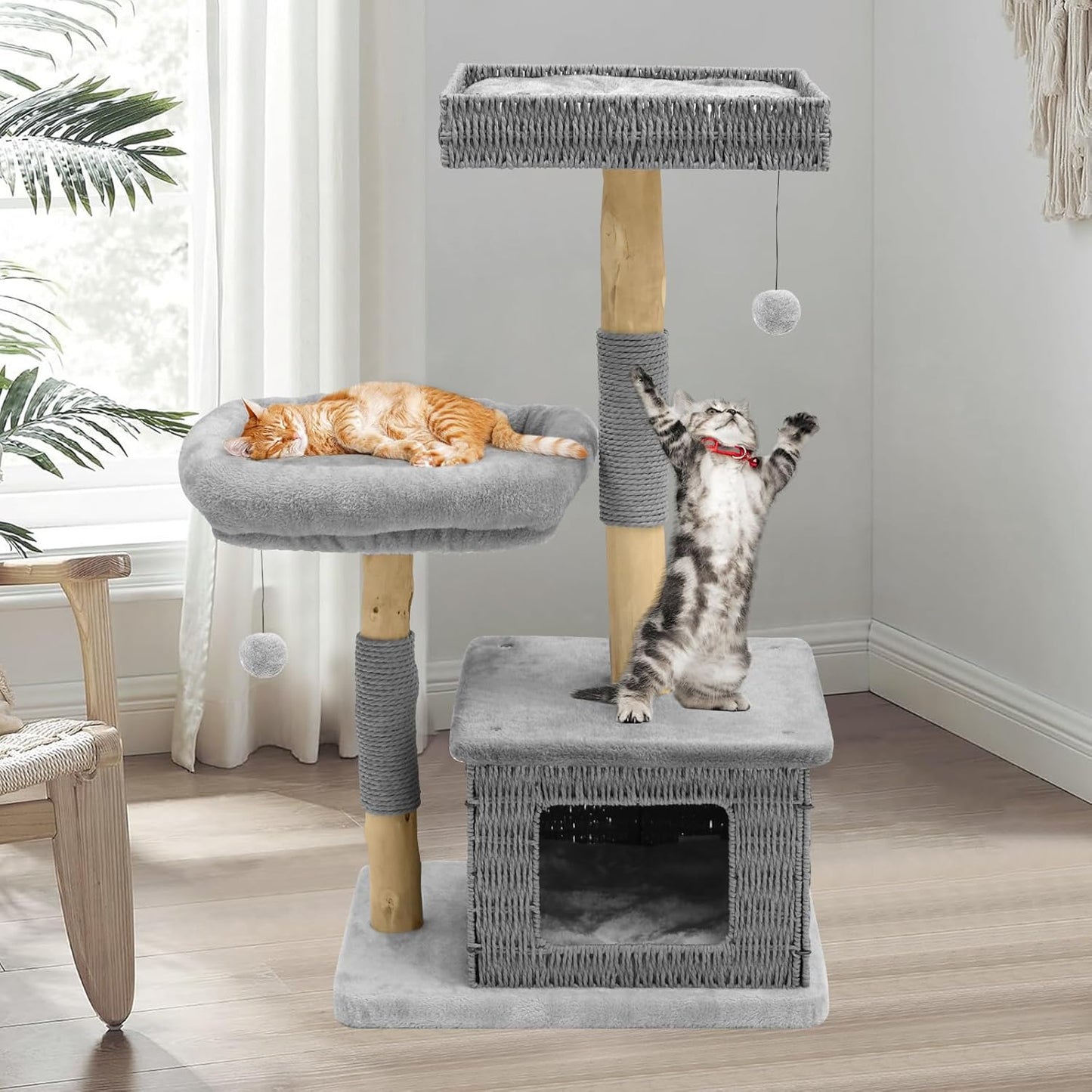 Modern Cat Tree for Large Cats - Multi-Level Wooden Tower with Scratching Posts, Large Jumping Platforms, Hanging Toy - Modern Luxury Cat Furniture for Indoor Cats-Grey