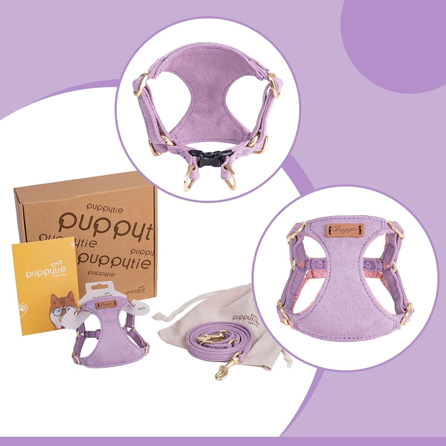 Puppytie No Pull Small Dog Harness with Multifunction Dog Leash,Lightweight Soft Adjustable No Choke Escape Proof Pet Harness Vest Pet Harness Vest,Light Purple,S