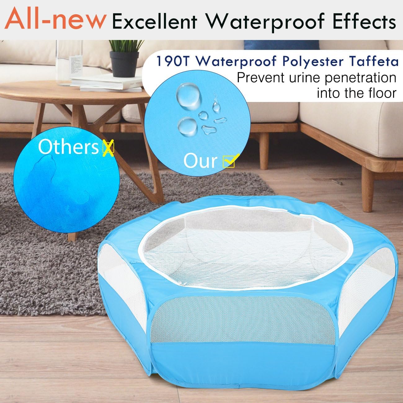 Pawaboo Small Animals Playpen, Waterproof Small Pet Cage Tent with Zippered Cover, Portable Outdoor Yard Fence with 3 Metal Rod for Chick/Kitten/Puppy/Guinea Pig/Rabbits/Hamster/Chinchillas,Light Blue