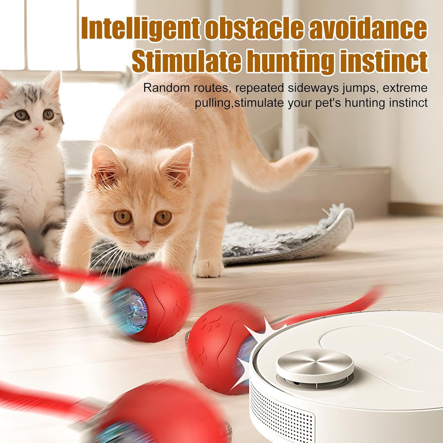 Interactive Cat Toys for Indoor Cats, 2025 New Interactive Cat Toys, Intelligent Automatic Rolling Pet Ball, Automatic Obstacle Avoidance Cat Toy Ball with Rope, Three Modes Adjustment (red)