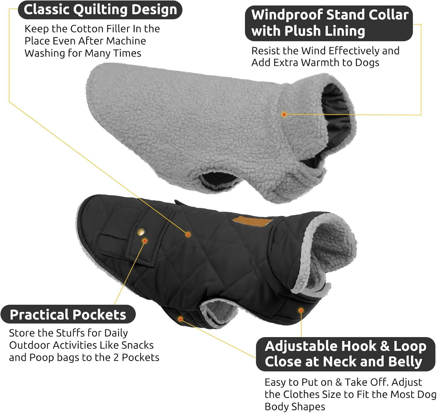 Queenmore Dog Winter Coat Warm Puffer Jacket Waterproof Plush Lining Thermal Cold Weather Vest for Small Medium Large Dogs, Windproof Easy On Pet Jacket Black XS