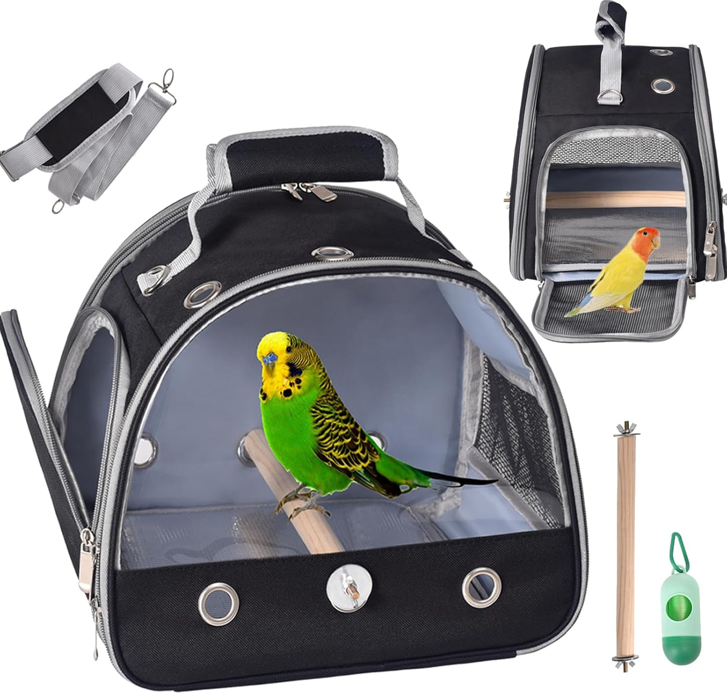 Bird Carrier with Stand & Tray, Small Bird Travel Cage for Parrot & Parakeet, Shoulder Strap - Black