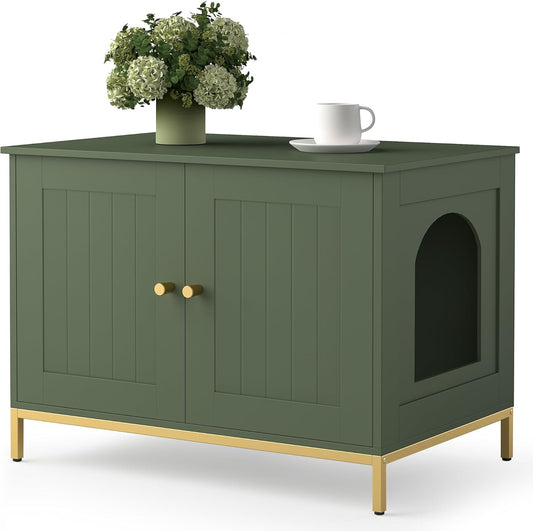 Homhedy Cat Litter Box Enclosure, Cat Washroom Furniture with Metal Frame, Pet House, Fit Most of Litter Box, Modern Style, Green and Gold